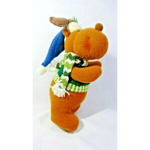 Holiday Moose Standing Bean Bag Plush Green Vest Blue Hat Green Scarf